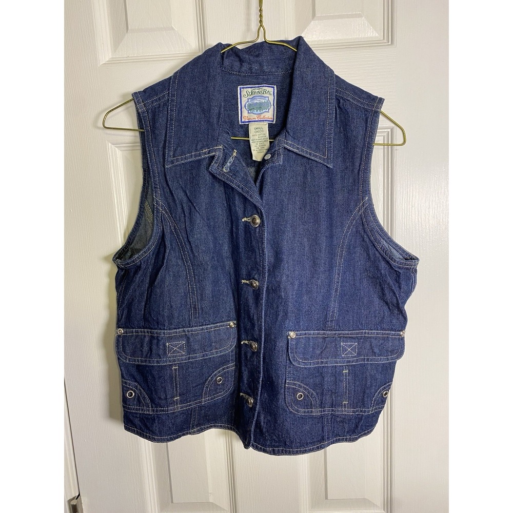 Vtg St johns bay Denim Vest Women's Small Blue Jean Dark Wash Pocket 90s